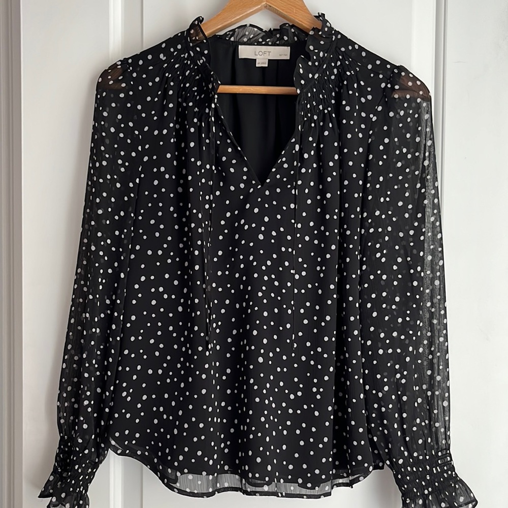 Loft black and white polka dot petite blouse